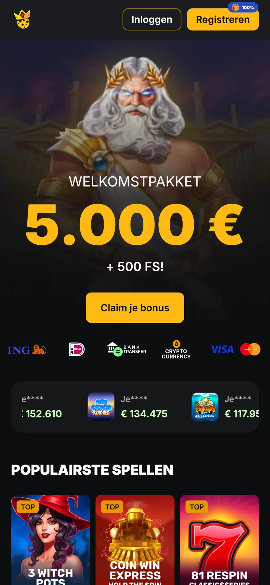 Startpagina van Kaasino geopend in Chrome op een Android-telefoon