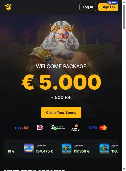Startscherm van Kaasino op een smartphone met de welkomstbonus