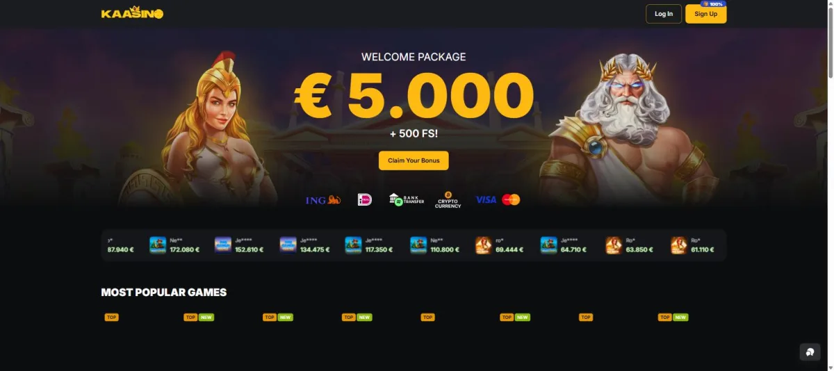 Startpagina van Kaasino met het welkomstpakket van 5.000 euro en 500 free spins