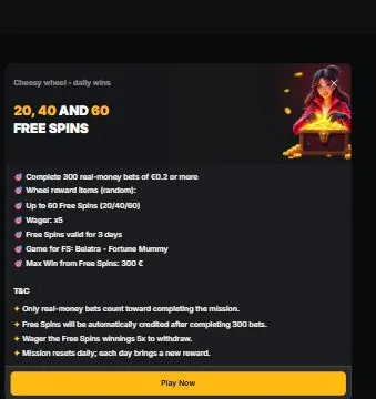 Cheesy Wheel met dagelijkse free spins na 300 inzetten