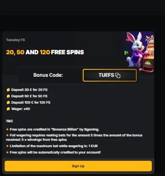 Dinsdagactie met 20, 50 of 120 free spins en code TUEFS