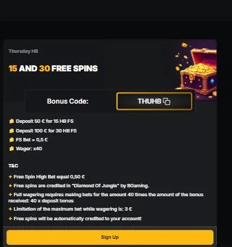Donderdagactie met 15 of 30 high bet spins en code THUHB