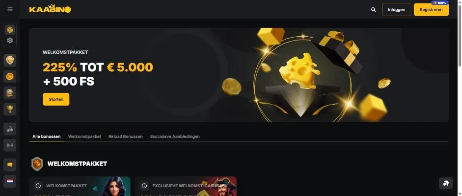 Promotiepagina van Kaasino in het Nederlands met het welkomstpakket bovenaan