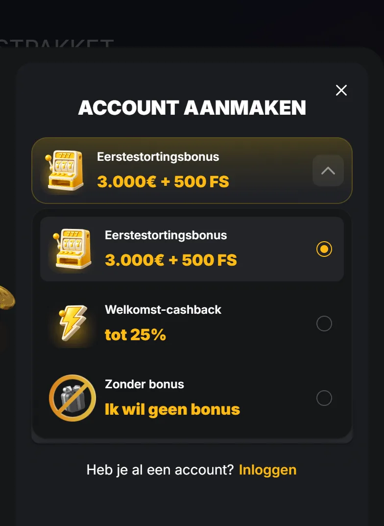 Drie bonusopties in de Nederlandse versie: stortingsbonus, cashback of geen bonus