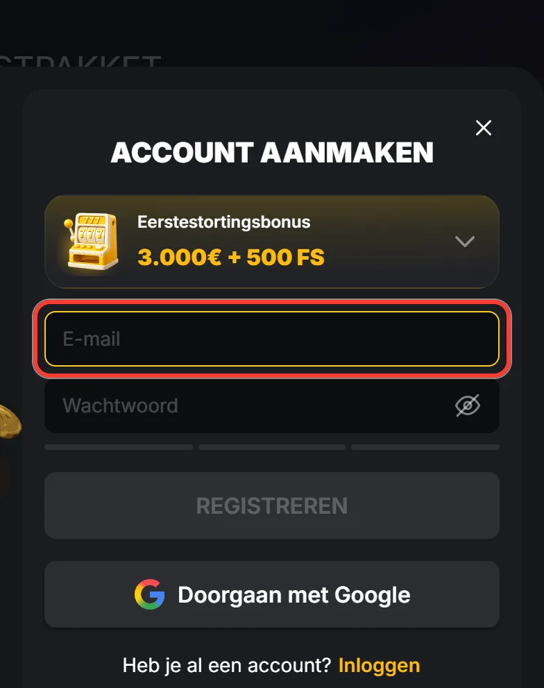Registratievenster met het e-mailveld gemarkeerd
