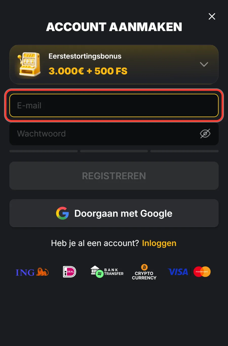 E-mailveld in het mobiele registratiescherm
