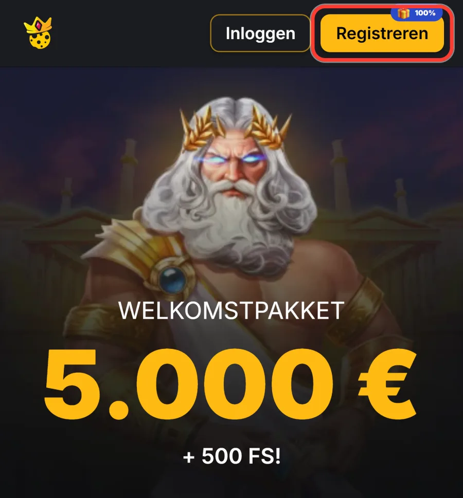Knop Registreren in de mobiele header van Kaasino