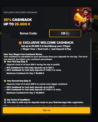 Welcome Cashback tot 25 procent met bonuscode CB en de regels per dag